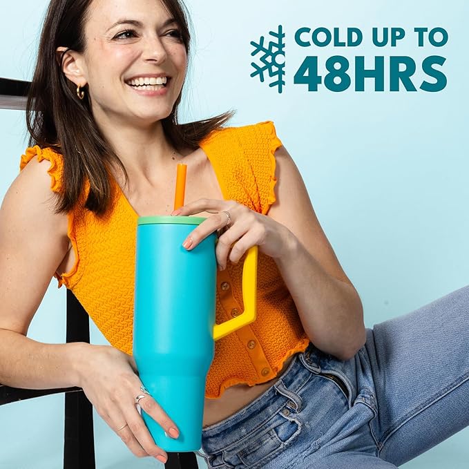Elemental 40 oz Tumbler with Handle and Straw - Spill Proof Insulated Stainless Steel Commuter for Hot and Cold Beverages - Travel Coffee Mug with 2 Straws & Spill Proof Lid - 40oz- Blue Lagoon