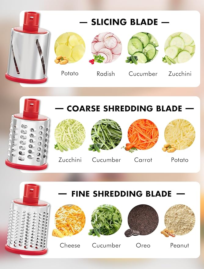 GDL Rotary Cheese Grater Hand Crank with 5 Interchangeable Blades - Upgraded Cheese Shredder Featuring Strong Suction Base for Cheese Shredding, Wavy Slicing, Nut Grinding, Ice Shaving