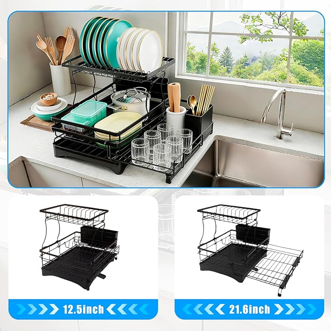Extendable 2 Tier Stainless Steel Dish Drying Rack | Large Over-The-Sink Rust-Resistant Rack | High Capacity with Utensil Holder | Efficient Kitchen Counter Organization & Space Saving