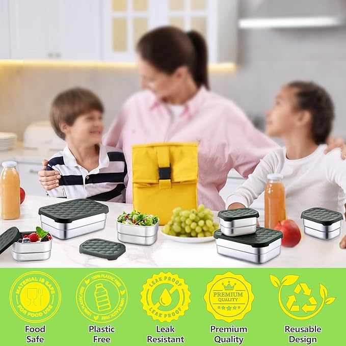 Homikit 3 Pack Kids Lunch Box Set, 18/10 Stainless Steel Bento Boxes with Silicone Lids Leak Proof, 5 Cups Reusable Metal Food Snack Containers for School Daycare, Nontoxic & Dishwasher Safe, Gray
