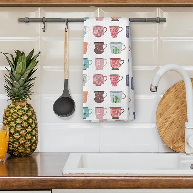 Modern Coffee Mugs Kitchen Dish Towels, Tea Lovers Gifts for Women Girls, Colorful Cute Cartoon Teacups Coffee Mugs Cups Hand Towels Kitchen Tea Towels Decorations, 16x24inch