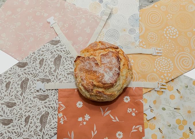 Reusable Beeswax Bread Bag 2 Pack –12x17 Bread Bag for Homemade Sourdough, Beeswax Coated Organic Cotton Storage Bag for Loaf Baguette, Freezer Safe, Eco-Friendly Wrap Spiral Blossoms
