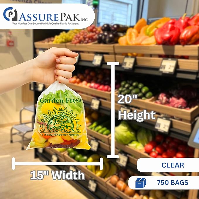 Clear Produce Bags Roll - 750 Bags - 15"x20" – (1 Roll, 8 Microns) – for Grocery, Small Business, Reusable Produce Use, Food & Storage Needs, Garden Fresh, Narrow Profile, Kitchen Use