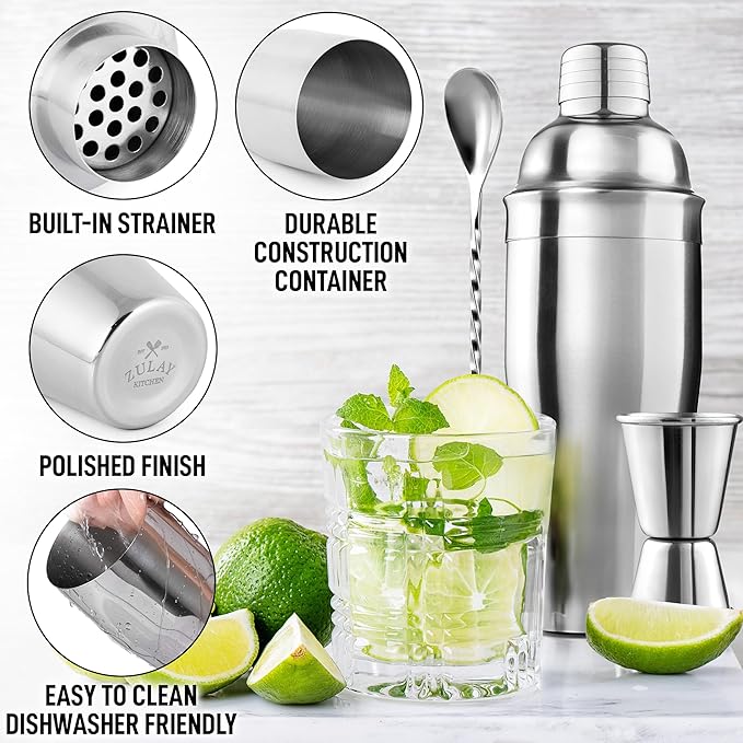 Zulay Kitchen 24oz Stainless Steel Cocktail Shaker Set – Professional Martini & Margarita Shaker with Built-in Strainer, Double-Sided Jigger, Muddler & Mixing Spoon – Bartender Kit for Mixed Drinks