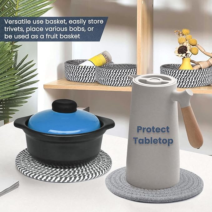 Trivets for Hot Dishes, 8 Inch for Pots and Pans, Thicken Heat Resistant With Storage Basket, Pot Holders for Kitchen, Hot Pads Kitchen Essentials, 5 Pcs
