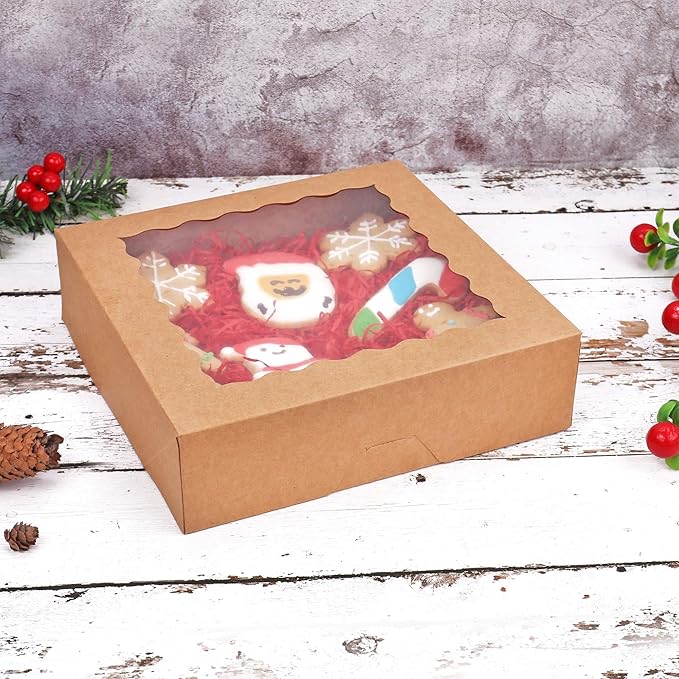 30-Pack Pie Boxes 10" x 10" x 2.5", Bakery Boxes with Window, Auto-Popup Cookie Boxes for Muffins, Donuts and Pastries (Brown)