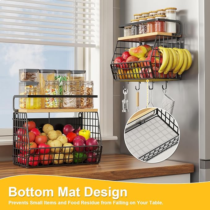 Magnetic Shelf for Fridge with Wood Lid, Fruit Onion and Potato Storage Organizers, Wall Hanging Basket with 4 Hooks, Magnetic Spice Rack for Refrigerator and Kitchen Counter