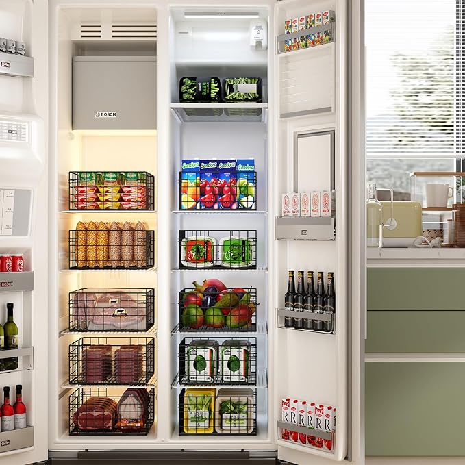 X-cosrack Metal Wire Basket Organizers Foldable & Wall Mounted Freezer Organizer Bins with Handles 4 Pack- Extra Large Mesh Bin for Pantry Organization Kitchen Laundry Closet Garage Patent Design