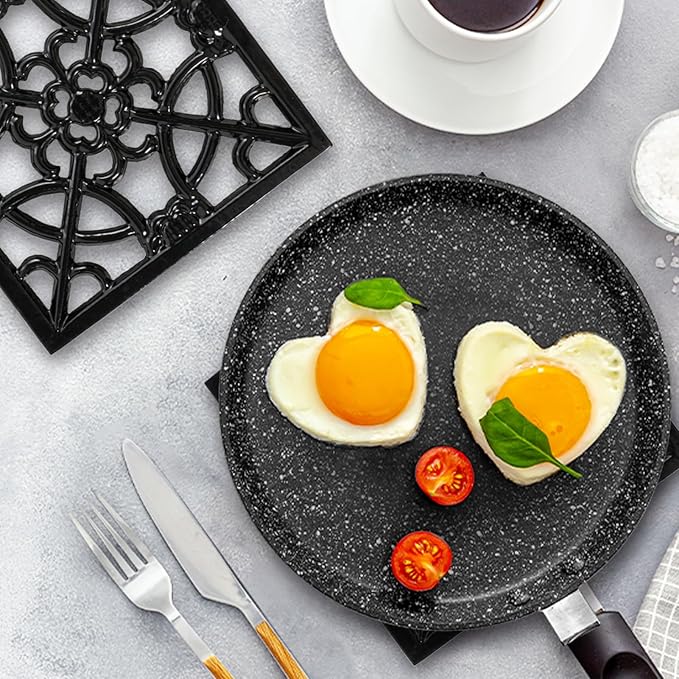 JOGREFUL 2 Pack Cast Iron Trivet Mats, Kitchen Pot Holders to Portect Table/Countertops, Heat Resistant Mats for Teapot/Hot Dishers/Plates, Vintage Mats with Weighted-Base, Flower Black