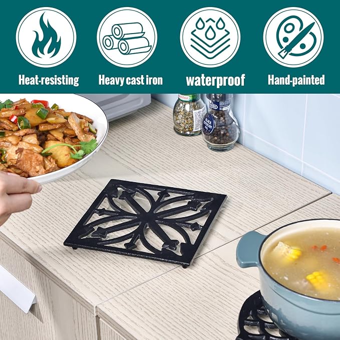 Sungmor Heavy Duty Cast Iron Square Metal Trivet,Rustproof Black Racks Stands Holders for Hot Pans or Teapot,Kitchen or Dinning Table Decorations