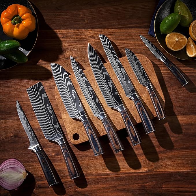 SENKEN 8-piece Premium Japanese Kitchen Knife Set with Laser Damascus Pattern - Imperial Collection - Ultra Sharp for Very Fast Cutting