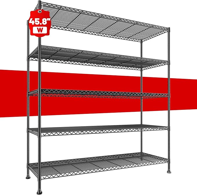 REIBII 45.8“W Storage Shelves Metal Shelving, 5-Tier Wire Shelving, Sturdy Garage Shelving, Adjustable Storage Rack for Pantry Kitchen Dining Room Supermarket Commercial