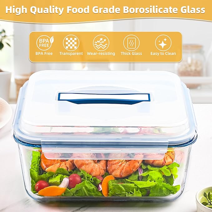 190oz / 24Cup Extra Large Glass Storage Containers with Lids, Glass Bread Box Airtight Bread Container, Ideal Food Storage Containers, Roasting Turkey/Chicken/Cookie, Oven&Dishwasher Safe
