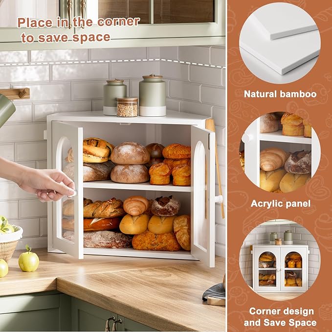 WOWLIVE Corner Bread Box for Kitchen Countertop, 2 Tier Bamboo Bread Storage Container for Homemade Bread with Clear Acrylic Door Panel, Large Bread Bin Farmhouse Breadbox Organizer (White, Medium)