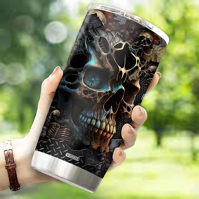 Skull Tumbler, Birthday Gifts For Men Who Love Skulls Coffee Mug Cup Christmas Valentine Gift Water Bottle Black Tumblers 20oz Stainless Steel Travel Cups With Lid