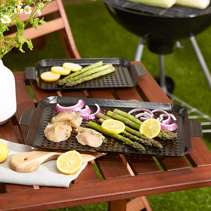 RSVP International Porcelain Coated Steel BBQ Grill Tray/Pan, Outdoor Barbeque Grilling Accessories for Cooking Fish & Vegetables, Dishwasher Safe, Small, 13x7.25/Medium, 16.75x10