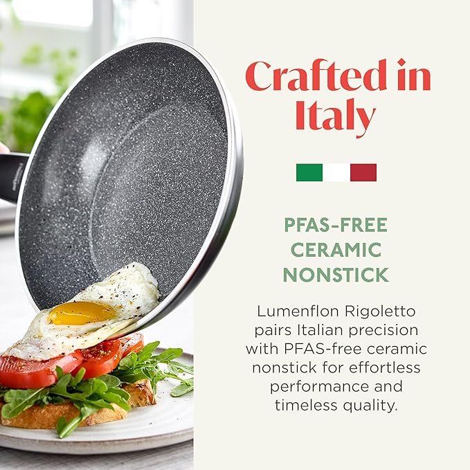Rigoletto 8” Nonstick Frying Pan Skillet, Made in Italy, Layered Ceramic PFAS-Free Surface, Induction Ready, Dishwasher & Metal Utensil Safe, Granite Finish, Stay-Cool Handle, Black