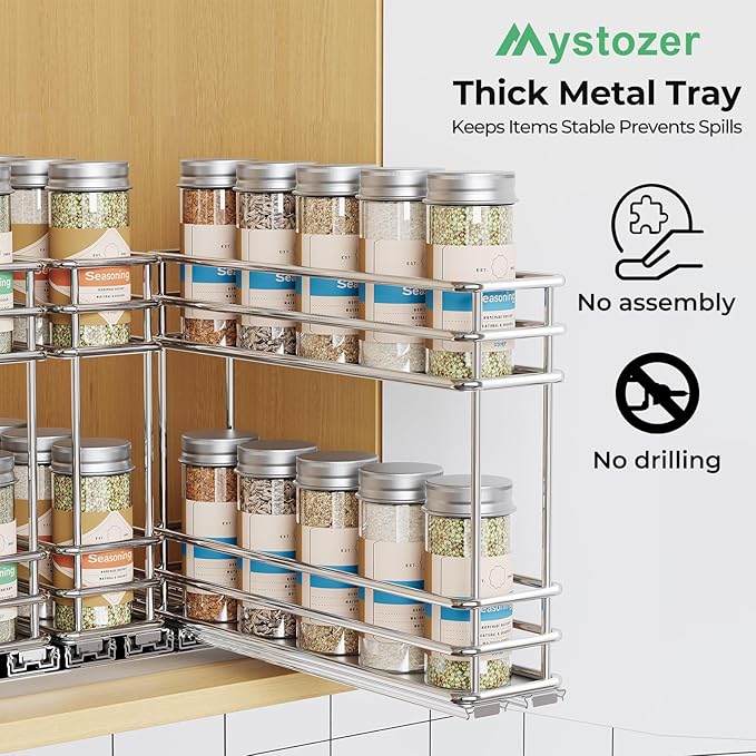 Pull Out Spice Rack Organizer for Cabinet, Slide Out Spice Racks, Easy to Install, 2.1''Wx10.35''Dx8.26''H, 3 Drawers 2 Tiers(Silver)