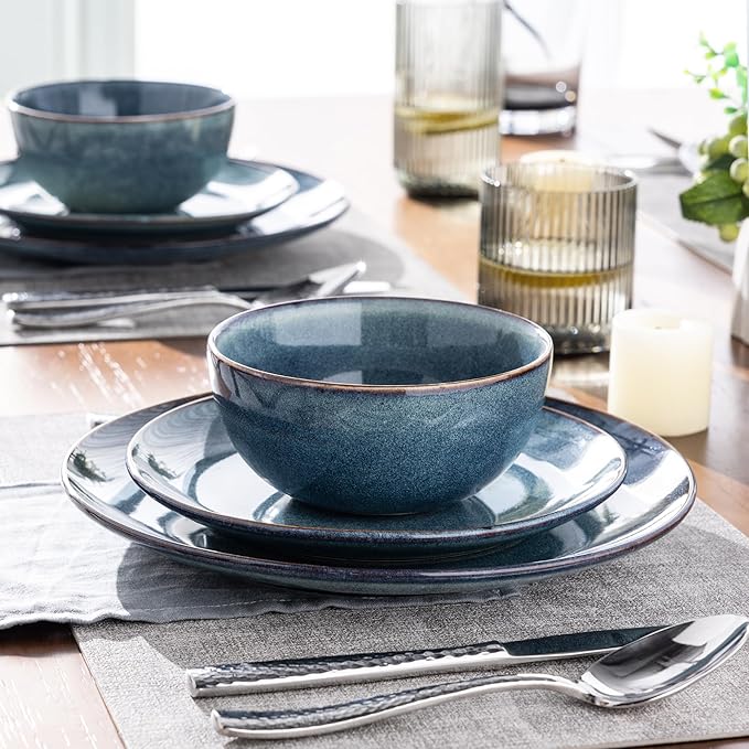 AmorArc Ceramic Dinnerware Sets for 4, 12 Pieces Handpainted Plates and Bowls Set, Scratch Resistant Stoneware Dishes Set, Dishwasher & Microwave Safe, Ceylon Blue