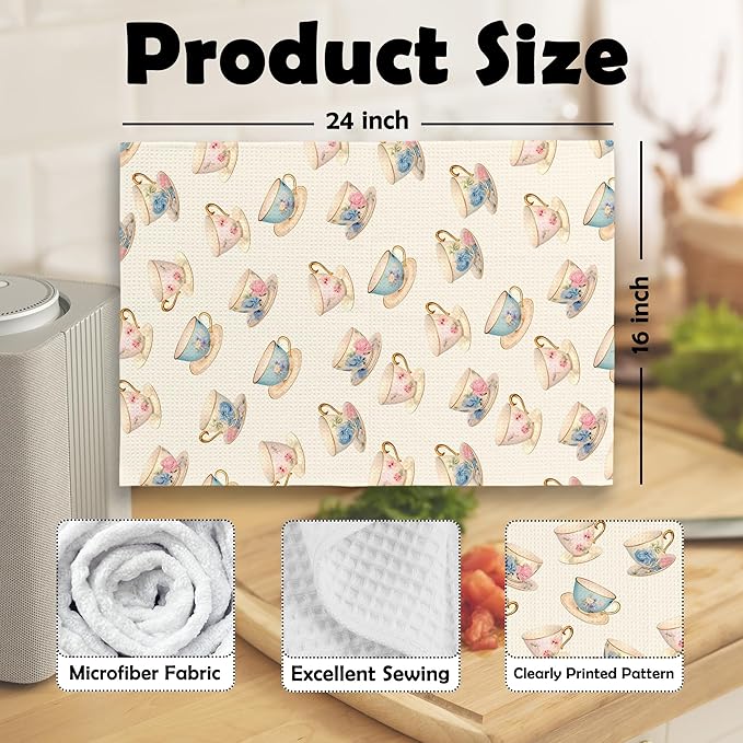 Retro Spring Floral Teacups Kitchen Dish Towels, Elegant Art Tea Party Decor, Coffee Lovers Gifts for Her, Cottage Roses Flower Cups Hand Towels Kitchen Tea Towels Decorations, 16x24inch