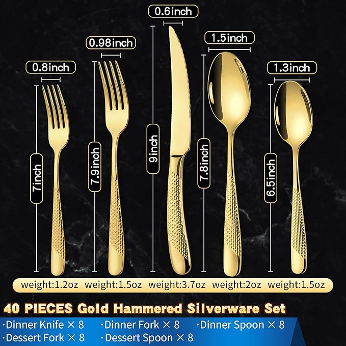 Lemeya 40-Piece Hammered Gold Silverware Set for 8 with Serrated Forging Knives,18/10 Stainless Steel Modern Flatware Set,Unique Cutlery Set Spoons and Forks Set,Mirror Polished,Dishwasher Safe
