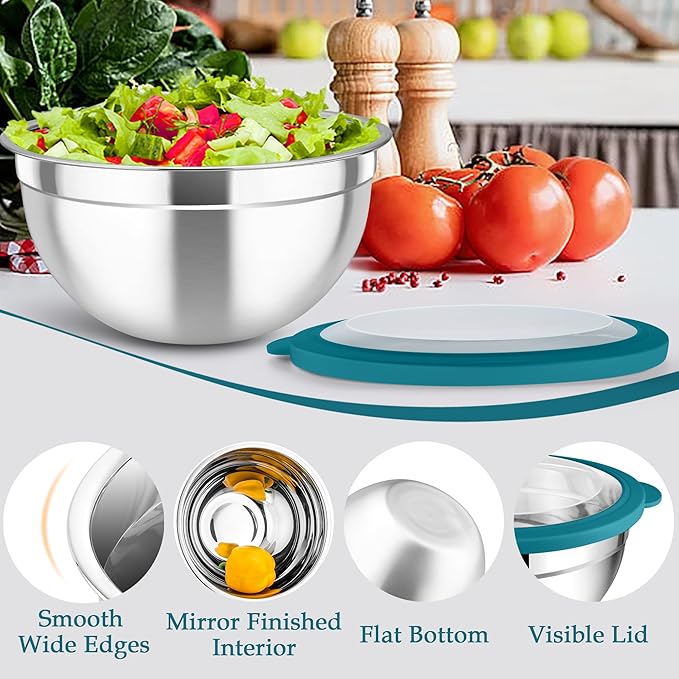TeamFar Mixing Bowl Set, 4.5/3/1.5 QT Stainless Steel Nesting Salad Bowls with Airtight Lids, For Serving/Mixing/Storing/Prepping, Non-Toxic & Sturdy, Visible & Easy Clean, Dark Blue, Set of 3