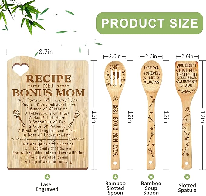 Christmas Bonus Mom Gifts, Bonus Mom Gifts from Bonus Daughter, Bonusmom Wooden Cutting Board Utensils Set with Apron, Great Birthday Xmas Mother's Day Present