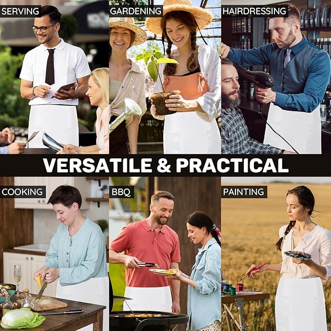 3 Pack Waist Apron with 3 Pockets, Unisex Black Waiter Aprons, Water Resistant Server Aprons for Restaurant Chef Bar