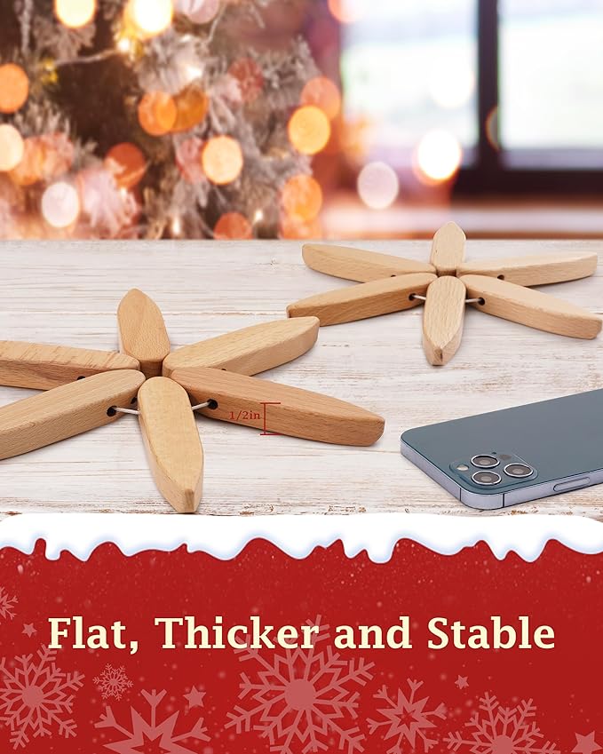 Wooden Trivets Tree for Hot Dishes, 2 Sets Natural Wood Coaster for Hot Pots and Pans, Christmas Tree-Shaped Stackling Trivets with Organizer, 8 Inch Decorative Wooden Hot Pads, 6PCS Light Wood