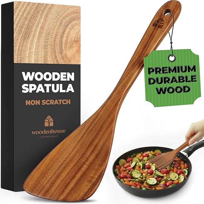 Wooden Spatula for Cooking, 12 Inch - Easy to Clean, Long-Lasting & Sturdy Natural Acacia Wood Spatula for Cooking - Wooden Spatulas with Comfortable Handle, Perfect for Flipping, Turning & Frying