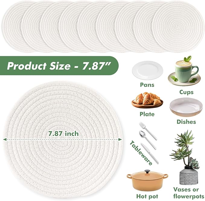 8 Inch Cotton Rope Trivets for Hot Dishes Set of 8 Heat Resistant Mats for Countertop Potholders for Kitchens Trivets for Hot Pots and Pans and Quartz Countertops Farmhouse Kitchen Décor, Beige