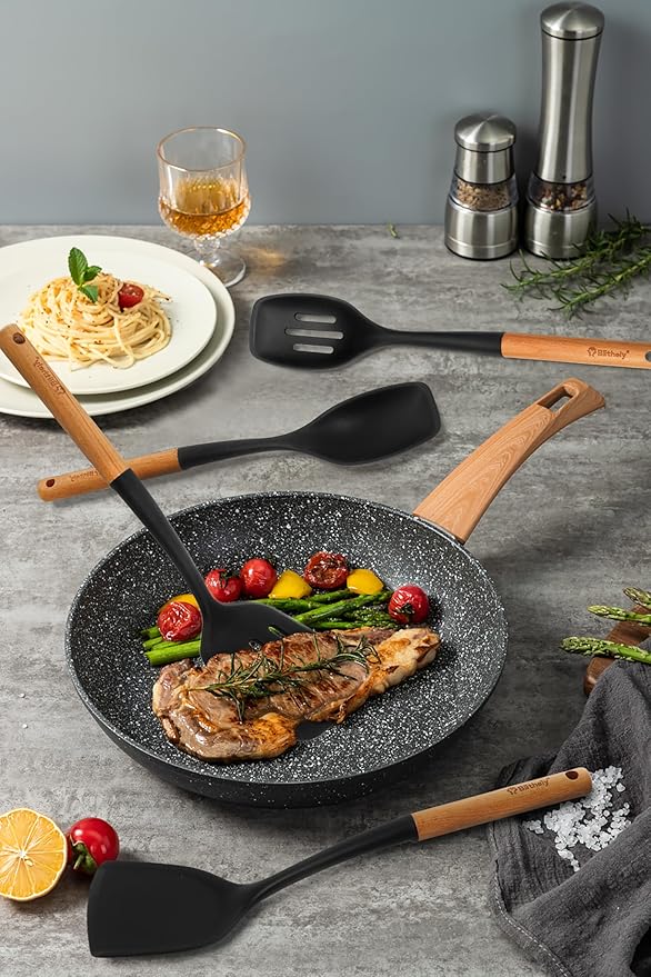 Large Silicone Kitchen Utensils Set, 4 PCS Cooking Utensils Set with Wooden Handle, Heat Resistant Silicone Utensils Kit for Cooking, BPA Free and Nonstick Spatula Set with Turner Spoon Ladle(Black)