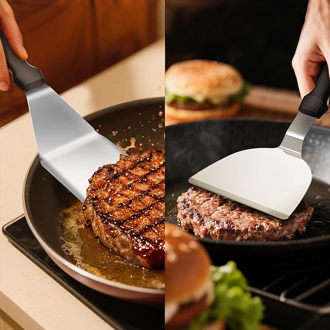 Metal Spatula Set, 18/0 Stainless Steel Spatulas & 18/8 SS Flexible Fish Spatula, Brushed Kitchen Utensil for Cast Iron Skillet, Frying Griddle Pancake Steak Meat Egg, Pack of 3