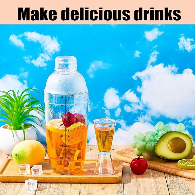 10 Pcs Plastic Cocktail Shaker Set, Including 8 Pcs 24 oz Clear Coffee Shaker Drink Mixer with Measurements 2 Double Measuring Jigger Bar Cup for Tea Coffee Bubble Tea Milk