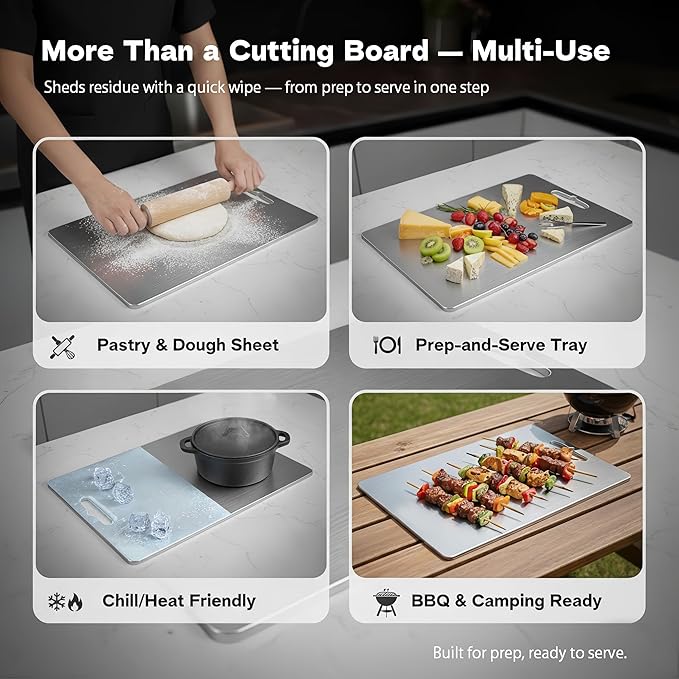 16x11 Titanium Cutting Board 2mm Thick. 100% Pure Titanium Cutting Board, Stays Flat & Odor-resistant, Non-porous, Dishwasher-safe, Reversible - Multi-use: Pastry, Prep & Serve, Bbq.