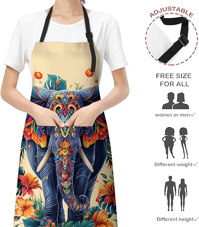 Exotic Elephant Apron for Women, Cooking BBQ Chef Polyester Lightweight Vibrant Tropical Flowers Aprons with Pockets for Baking Kitchen Gardening Cleaning, Adjustable Neck Strap, 28×33inch