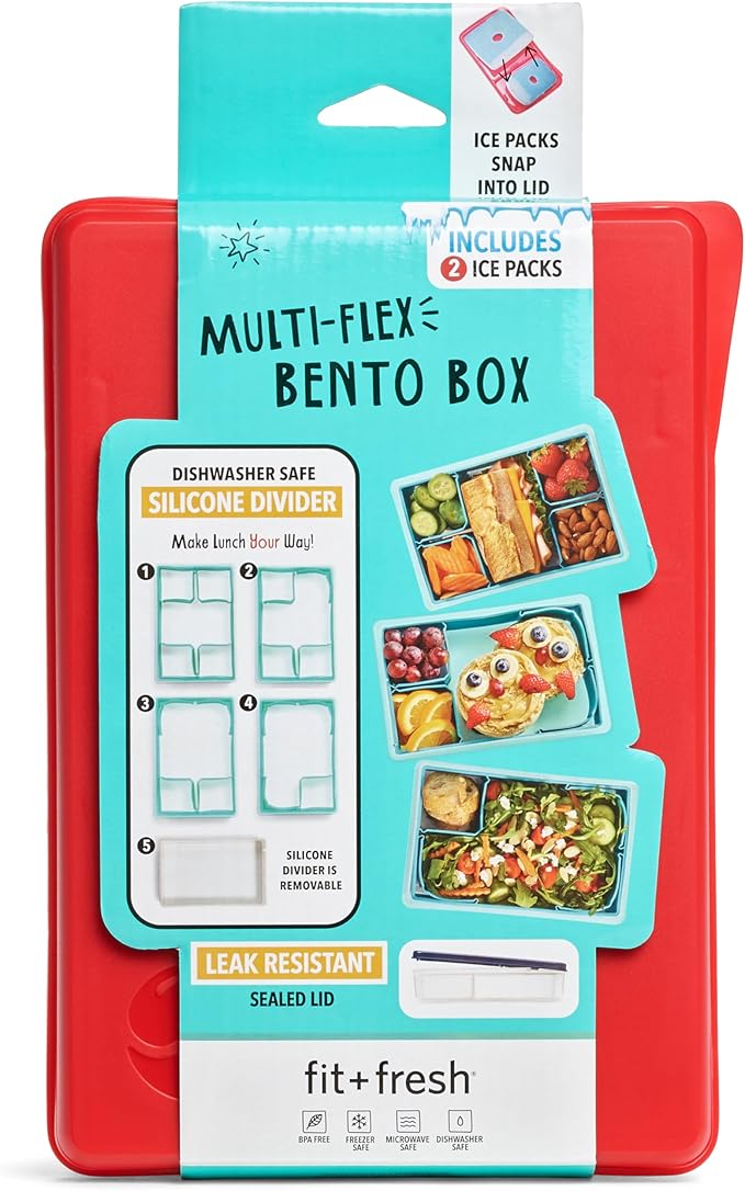 Fit & Fresh Collection Multi-Flex Bento Box with 2 Removeable Ice Packs, Adjustable Divided Meal Carrier Lunch Container, BPA-Free, 9.5" x 6" x 2.25", Red, Standard
