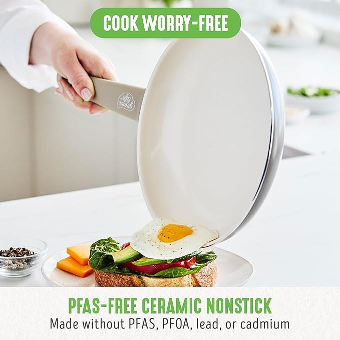 GreenLife 16 Piece Nonstick Cookware Set, Soft Grip Non-Toxic PFAS-Free Ceramic Pots & Pans, Dishwasher & Oven Safe, Frying, Sauce, Saute, Utensils, Glass Lids, Stay-Cool Handles, Wobble Free, Taupe