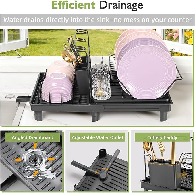 Expandable Dish Drying Rack for Kitchen Counter & Over Sink – Rustproof Stainless Steel Dish Drainer with Fast Drain, Large Capacity/Small Space Dish Rack, Kitchen Organization Drying Rack.