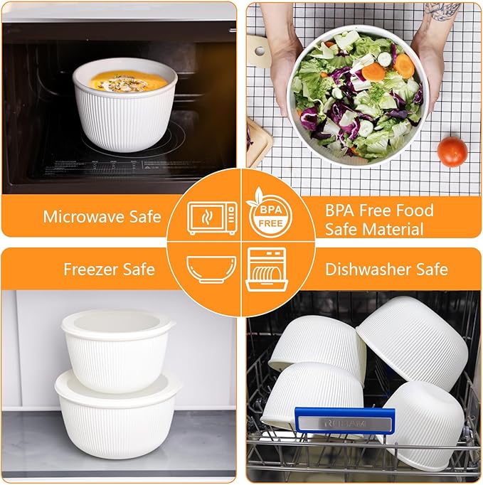 BoxedHome Mixing Bowls with Lids Set, 4 Packs BPA-Free Plastic Prep Bowls for Kitchen, Dishwasher & Microwave Safe, Large Capacity, Beige