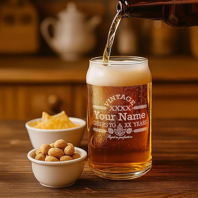 On The Rox Drinks Customized Beer Can Glass - Personalized Birthday Gift - Engraved Vintage Cheers - Aged To PERFECTION - Etched Beer Glass - Barware (1)