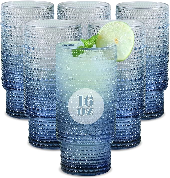 6pcs Hobnail Drinking Glasses Set, 16 oz Vintage Glassware Drinking Glasses, Gradual Gray-blue Water Glasses Tumbler, Cups for Kitchen, Juice, Beer, Cocktail, Whiskey
