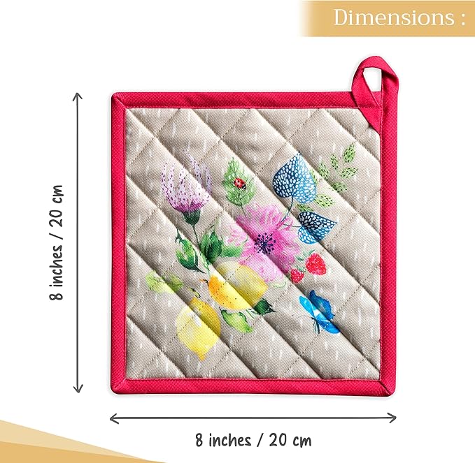 Maison d' Hermine Pot Holders 100% Cotton Heat Resistant Potholders 8" x 8" Hot Pads with Loop BBQ, Cooking, Baking, Grilling, Kitchen, Handling Hot Pans Spring/Summer (Pack of 1, Jardin D'Ete - Fog)