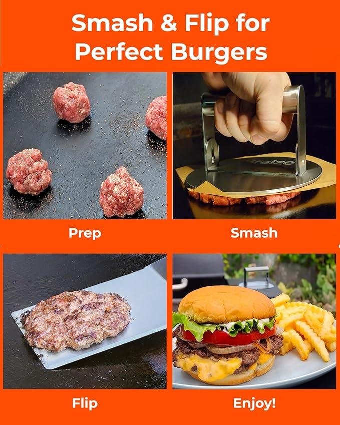 Smash Burger Press Kit, Stainless Steel Burger Press - Heavy Duty Grill Tools for Smashburgers, Flat Top Griddles, Cast Iron Pans, BBQ Accessories for Home Chefs (Spatula)