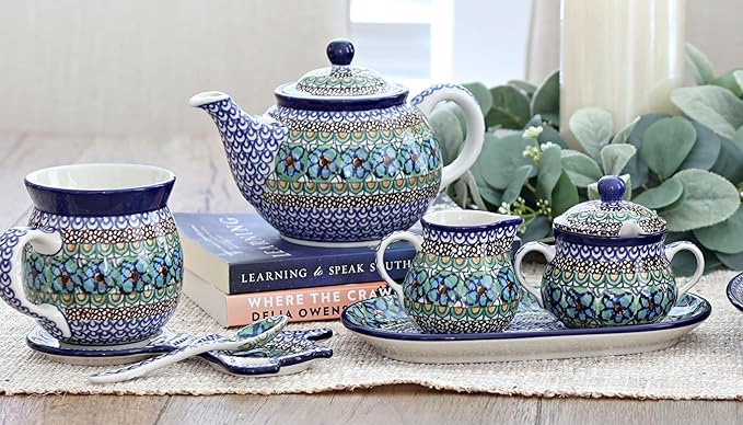 Blue Rose Polish Pottery - Green Mardi Gras Small Teapot - 3.5 Cup Capacity - Hand-Painted Polish Pottery Ceramic Coffee & Tea Server