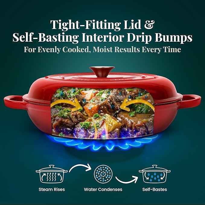 Larder & Vine Enameled Cast Iron Braiser | 3.6 qt Braiser Pan with Lid | Shallow Dutch Oven Compatible on All Cooktops | Casserole Dish Oven Safe to 500° F | Dual Handles | Cabernet