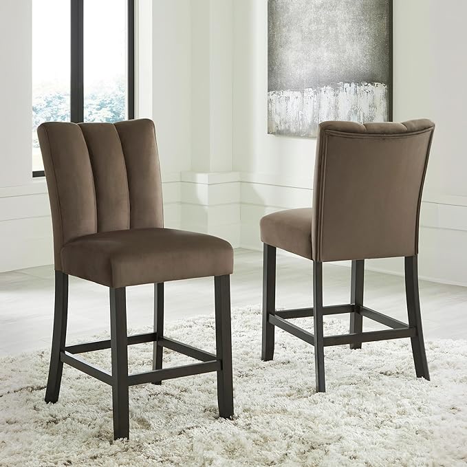 Signature Design by Ashley Jazmore Contemporary Velvet Upholstered Counter Height Bar Stool with Footrest and Adjustable Levelers, Set of 2, Dark Brown & Black