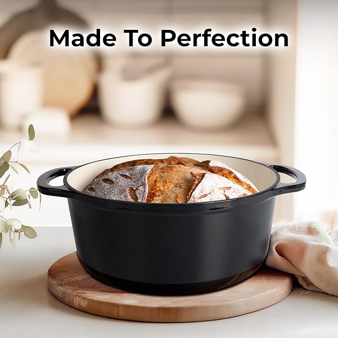Zulay Kitchen 7.7 Quart Enameled Cast Iron Dutch Oven Pot with Lid – Premium Durability & Oven Safe up to 500°F – Heavy Duty Cookware Perfect for Bread Baking, Stews, Braising & Roasting – Black