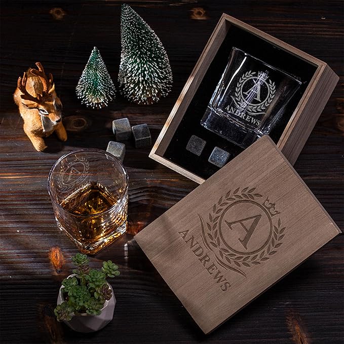 Personalized Name Monogram Whiskey Glass Gift Set - 4 Designs Custom Gift For Him - Personalized Bourbon Cup - 11 oz Engraved Monogram Scotch Glass in Wooden Box - Whiskey Gifts For Men