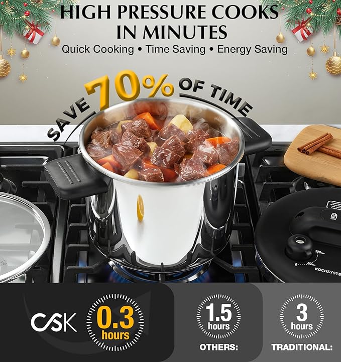 KOCH SYSTEME CS Pressure Cooker Stainless Steel, 6.3 QT Olla de Presion, Easy One-Press Lock, 3 PSI Settings Pressure Cooker, Save 70% Time, Gas & Induction Compatible, Glass Lid & Steamer Rack